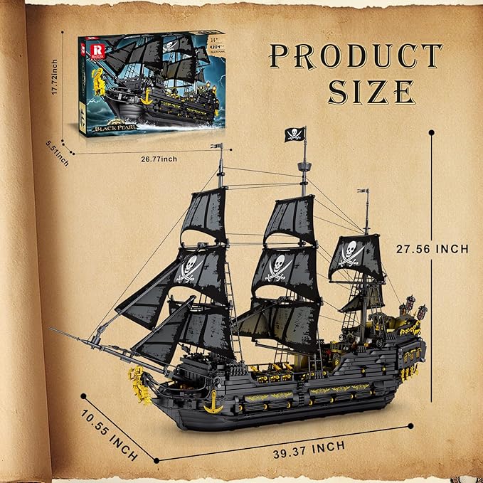 Reobrix Pirate Ship Building Set with LED LightsLarge Black Pearl Ship Model 66036Pirate Ship Sailboat ToyHalloween Home Decor Birthday GiftsModel Kits for Adult Boys Girls 14+（4304 PCS）