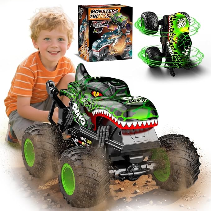 Gohero Monster Truck Toys for Kids 1:20 Dinosaur Toys RC Car Truck with 360° Spins &amp Drifting 2.4GHz All-Terrain Monster Trucks for Boys Age 4-7 | with LED Light Music &amp 2 Rechargeable Batt