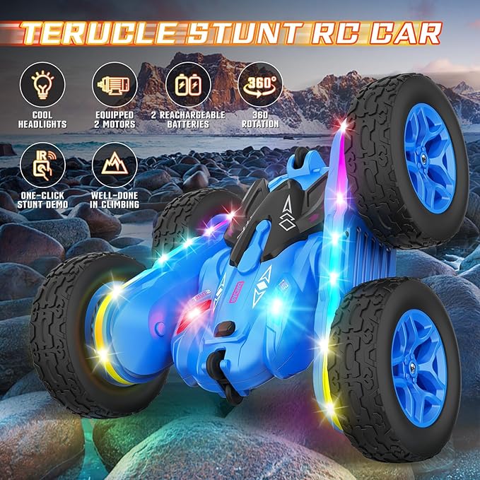 Remote Control Car Rc Cars Stunt Toys New Upgraded Strip Lights and Headlights Toys Double-Sided 360° Rotating 4WD Drift Truck for Boys Girls Birthday Gift (Blue)