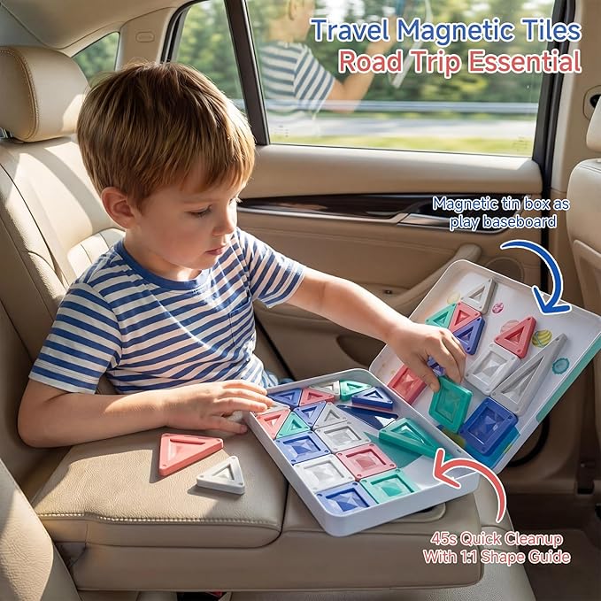 Magnetic Tiles Travel Set 40 PCS Morandi Building Block with Tin Box- 90Mins Quiet Play 45s Cleanup - Airplane Car Trip Activity Toy for Boys Age 3 4 5 6