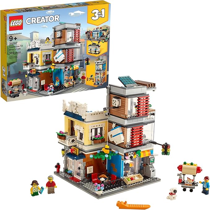 LEGO Creator 3 in 1 Townhouse Pet Shop &amp Café 31097 Toy Store Building Set with Bank Town Playset with a Toy Tram Animal Figures and Minifigures (969 Pieces)