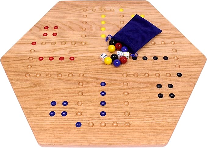 AmishToyBox.com Wahoo Wooden Marble Game Board Set - Large 24 Wide - Solid Oak Wood - Double-Sided - with Large 22mm Marbles and Dice Included
