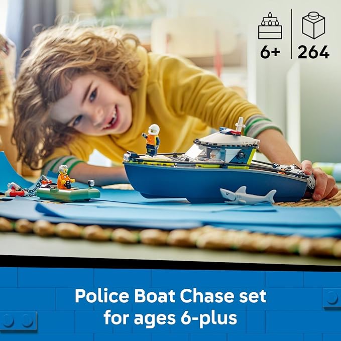 LEGO City Police Boat Chase Building Toy for Kids - Pretend Play Set for Boys &amp Girls Ages 6+ - Building Blocks W/ 2 Floating Boat Toys for Playtime &amp Bath Time - Gift Idea for Birthdays- 604