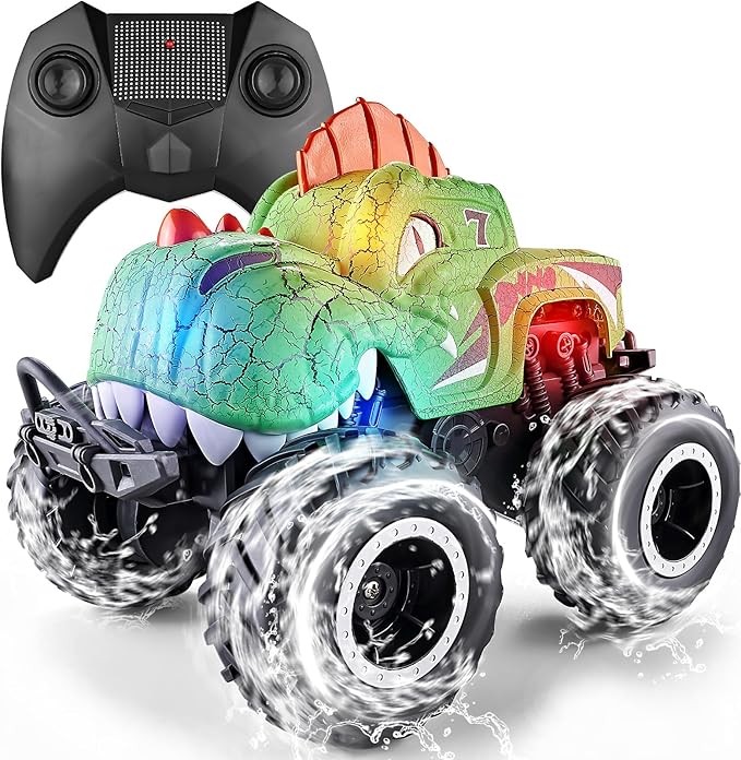 Monster Truck Toys 1:20 Waterproof Dinosaur Monster Trucks for Boys Age 4-7 2.4GHz All Terrain RC Cars with 2 Batteries 360° Rotating Stunt RC Car Toy Birthday Gift for Kids 3-5