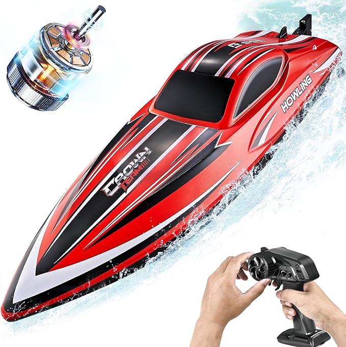 BEZGAR RC Boat 16 inch Big Brushless Remote Control Boat for Adults and Kids 55 KPH Large Fast RC Speed Boats with 2000mAh Battery Ideal Waterproof Toy Boats for Lakes - HJ818PRO Red