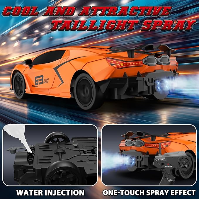 RC Drift Car 1:16 Remote Control Car 2.4Ghz High Speed RC Cars 4WD Racing Sport Toy Cars with LED Lights Spray Drifting Tires 2 Batteries for Kids Boys Girls Adults Birthday Christmas