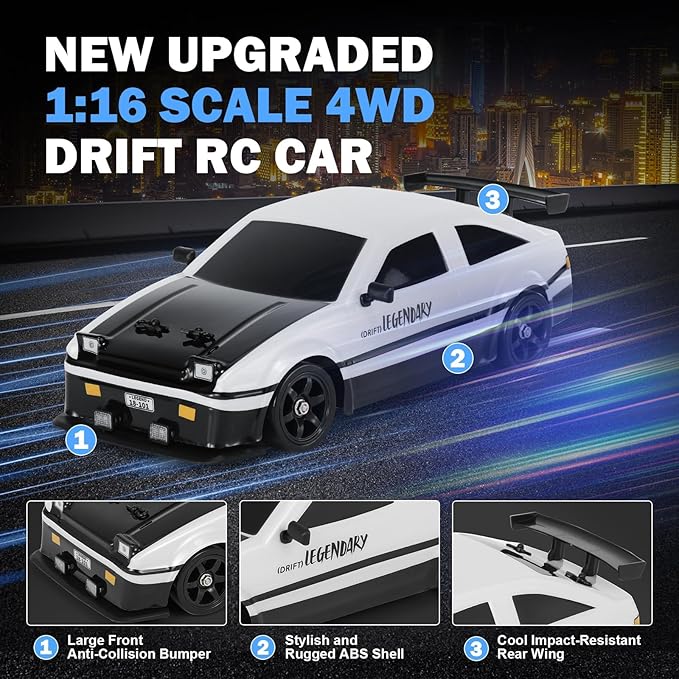 RC Drift Car 1:16 Scale AE86 Model RC Drift Car 4WD 18KM/h High Speed Remote Control Cars with LED Lights Spray Drifting Tires Sport Racing On-Road Vehicle for Teens Adults