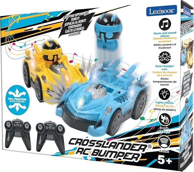 LEXiBOOK Crosslander® RC Bumper Set of 2 Radio-Controlled Racer Bumper Cars up to 12 km/h (7mph) 2 Removable Characters Sound and Light Effects Yellow/Blue RC2