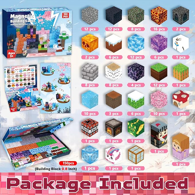 Magnetic Blocks-150PCS Magnetic Building Blocks Magnet Cubes Stacking Dark Forest Glacier Castle STEM Montessori Sensory Toys for Kids Boys Girls Ages 4-8 Holiday Birthday Easter Gifts