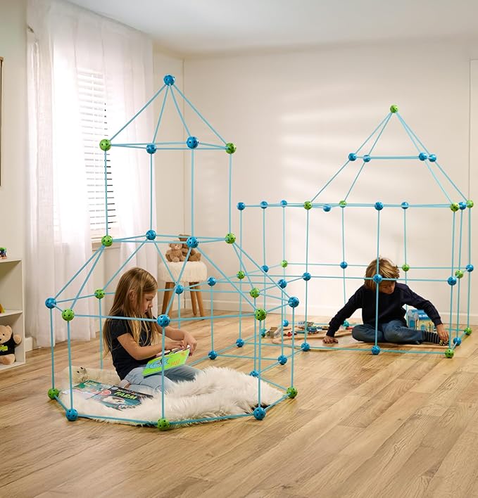 132 Piece Fort Building Kit - Indoor Play Engineering Set with Connecting Sticks &amp Balls - Creative STEM Building Toys for Kids Play Spaces Tents &amp Hideouts