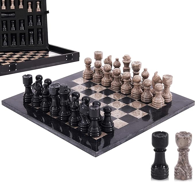 Marble Chess Set for Adults 12 Handmade Black &amp Oceanic Board Game with 32 Chess Pieces 2 Extra Queens &amp Storage Box Luxury Travel Game Elegant for Home Decor