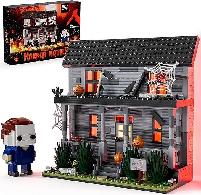 Horror Movie Figure &amp Haunted House Building Blocks Kits with Led Light for Halloween Decor Compatible for Lego Collectible Decoration Building Toy Creative Present for Fans Adults Christmas Hol