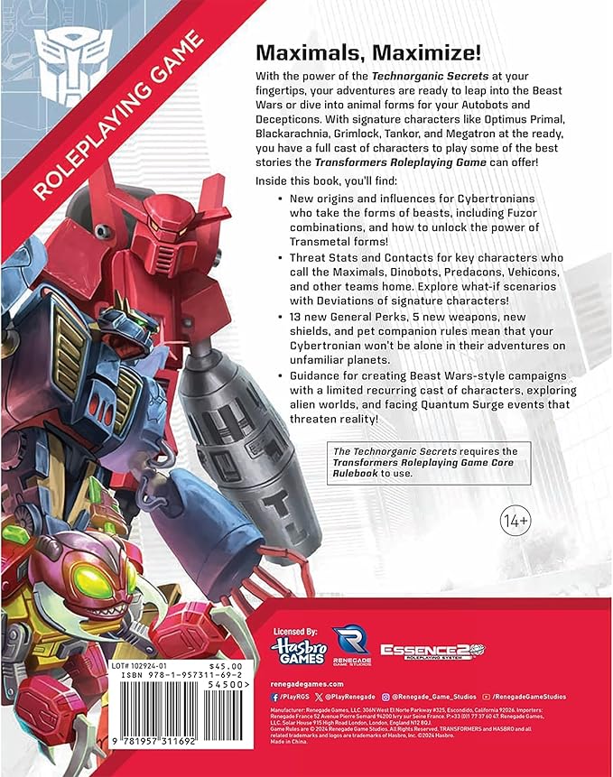 Renegade Game Studios Transformers RPG Beast Wars Technorganic Secrets Sourcebook Expansion