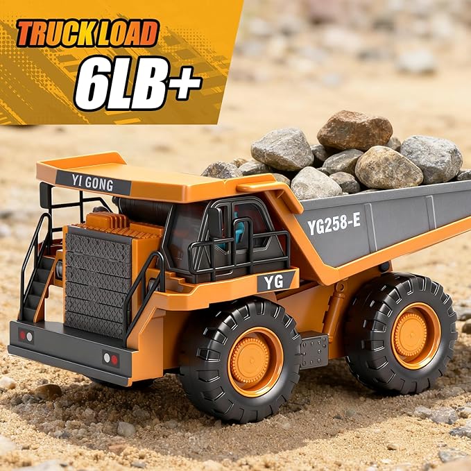 HuiJuKeJi Remote Control Dump Truck - 360° Rotating Metal Bed 9-Channel RC Construction Toy for Indoor Outdoor Play Rechargeable with Lights &amp Sounds for Kids Ages 6+