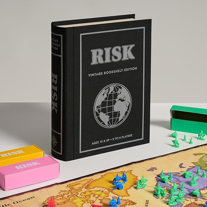 WS Game Company Risk Vintage Bookshelf Edition Linen Wrapped Book Box &amp Slipcase - Secret Mission Variant &amp 6 Armies - Strategy Board Games for Adults &amp Kids Ages 10+