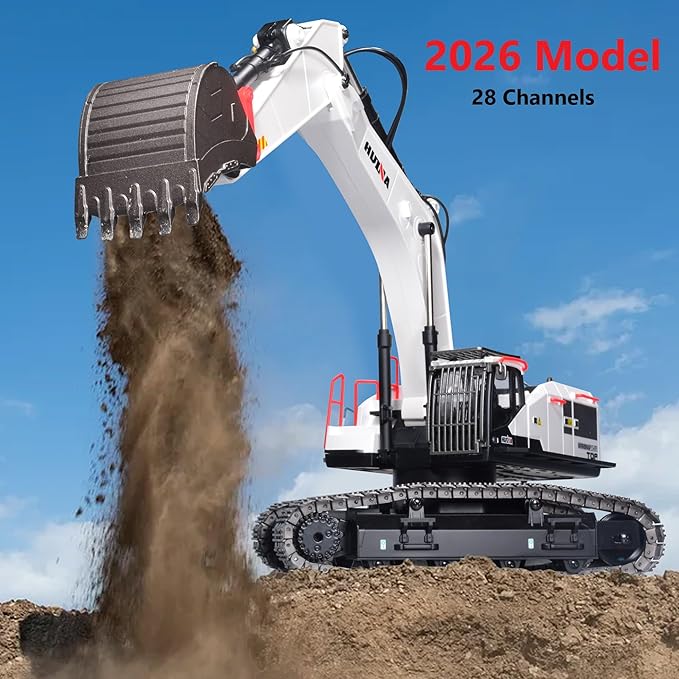 HUINA 1594 Metal RC 1:14 Excavator 28 Channel Digger Construction Vehicle Hobby Outdoor Gift Remote Control Tractor Crawler Toy Lights Sounds 4 attachments and 2 Rechargeable Batteries - 2026 Model
