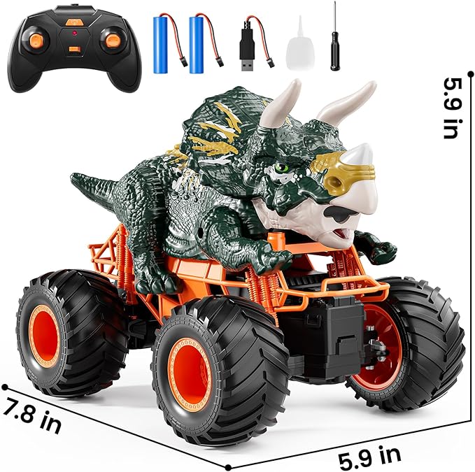 Remote Control Dinosaur Car for Kids Boys Electric Monster Truck with Spray Light Sound Indoor Outdoor All Terrain Off Road RC Car Toys for Kids 3 4 5 6 7 8-12 Year Old Boys Girls Birthday Gift