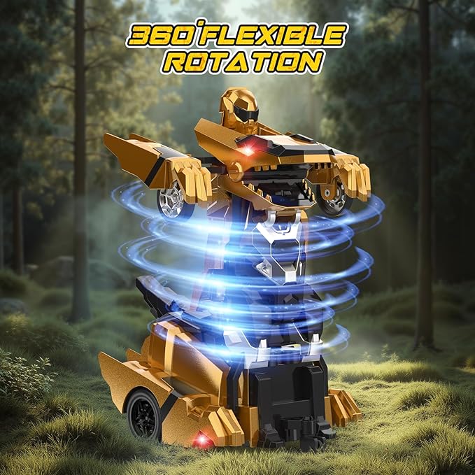 Dinosaur Transform Rc Cars 2.4Ghz Remote Control Car Transforming Robot with Flashing Light 360° Rotation One Button Deformation Car Toy Gifts for Boys Age 4-7 8-12
