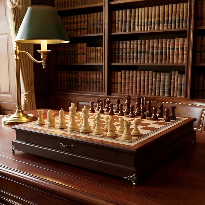 14.6-Inch Wooden Chess Set with Drawer Storage – Handmade Chess Board with 2 Extra Queens Elegant Home Decor and Strategy Game for Adults &amp Beginners