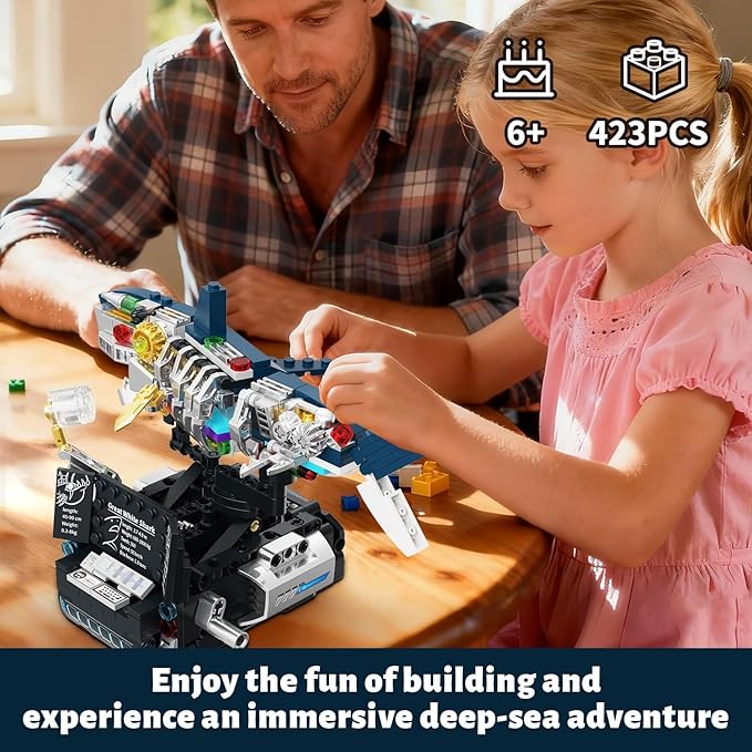 Mechanical Shark 3 in 1 Building Set 423pcs Compatible with Lego Shark Lantern Fish Octopus Models Deep Sea Ocean Kit Interactive Moving Base with Handle Control STEM Educational Toy for Kids 6+