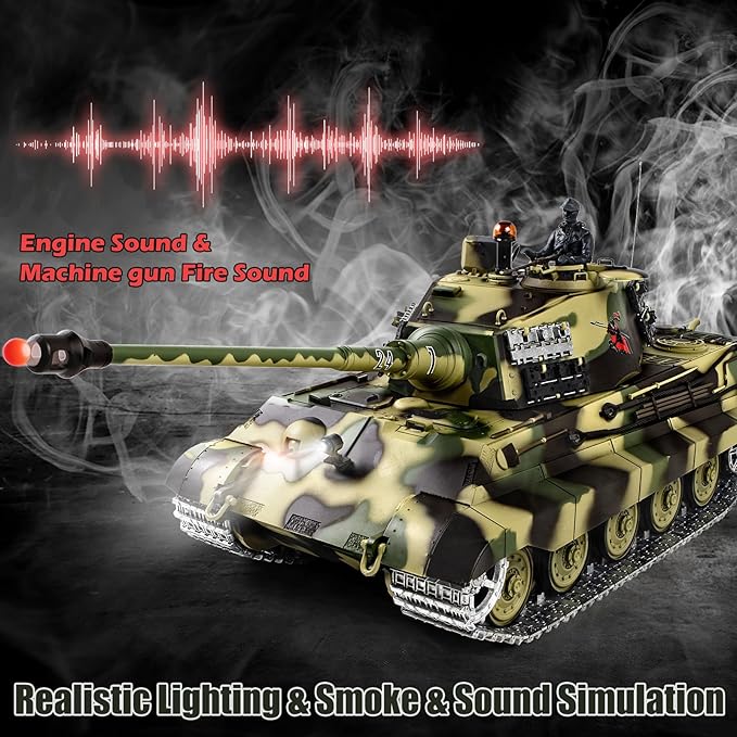 1/16 RC Tank Heng Long German King Tiger model Army Toy with Smoke Sound Light 2.4G Remote Control Tank That Shoot with Upgraded Metal Track Idler and Sprocket Wheel Steel Gearbox Two Batteries