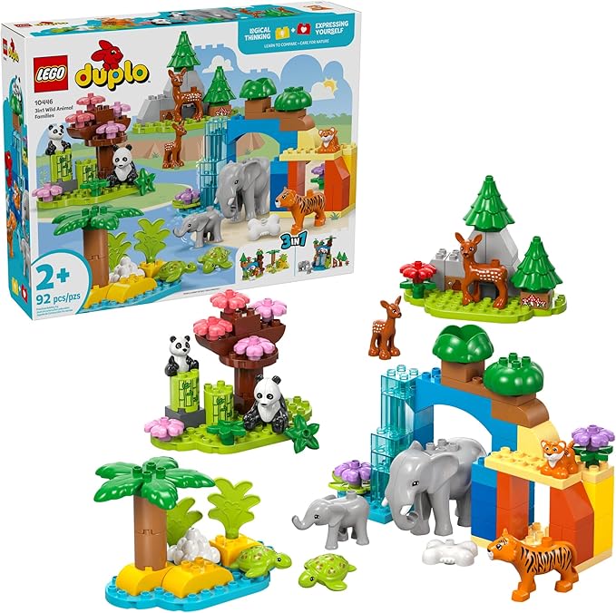 LEGO DUPLO Town 3 in 1 Wild Animal Families Building Toy Playset - Preschool Learning and Educational Toy for Toddlers Boys and Girls Ages 2+ - with 10 Animal Figures - Baby Gift Idea - 10446