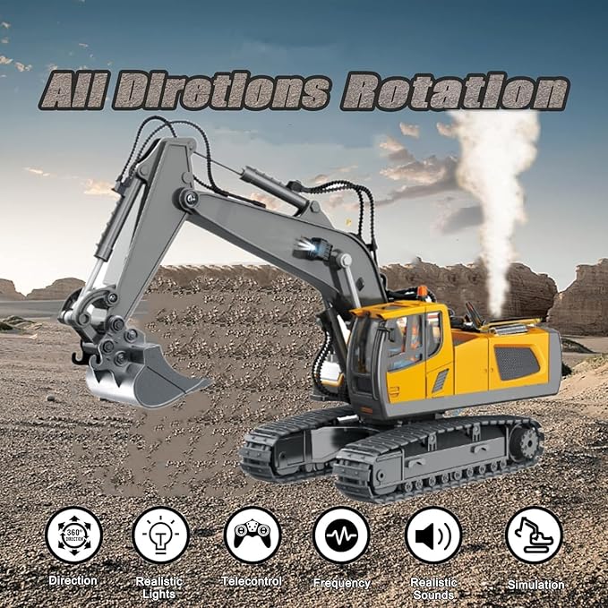 15 Channel RC Excavator Metal ShovelRC Digger Construction ToysDozer TractorSimulated Smoke Sound Metal Digging Head Best Gift for 3+ Old Boys Adults