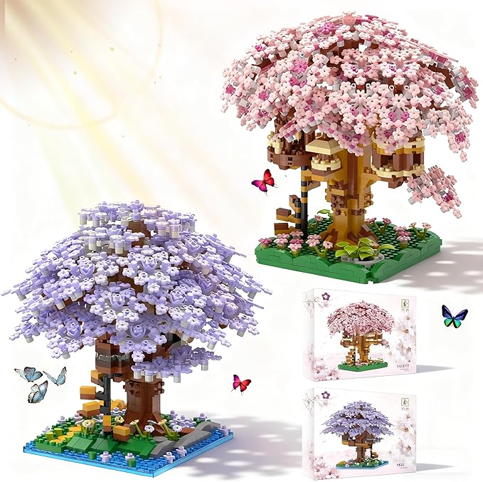 Beego 2 Bonsai Tree Cherry Blossom Building Toy Not Compatible with Lego Japanese Sakura Pink&ampPurple Flower House Building Micro Bricks Tree House Botanical Collection for Adults Teen (2201 PCS