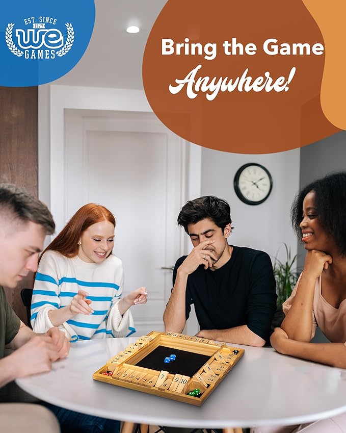 WE Games Wooden Shut the Box Game 4 Player - 10 Number Tiles &amp 8 Dice - Large 14-Inch Natural Wood Finish