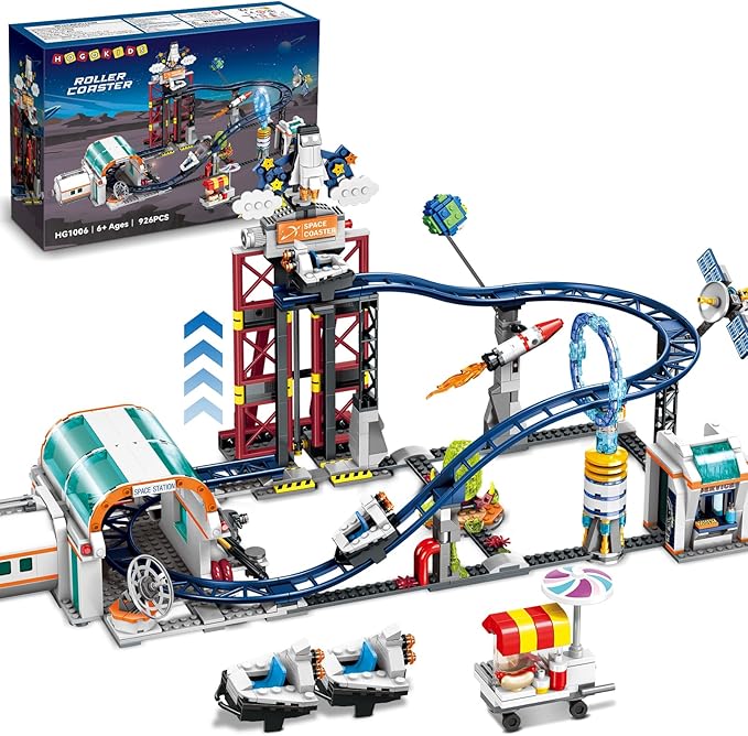 HOGOKIDS Space Roller Coaster Building Toy 926PCS Coaster Building Set Features Lift Platform Satellites Rocket Buildable Space Rollercoaster Adventure Park for Adults Kids Girl Boy Ages 6+years old