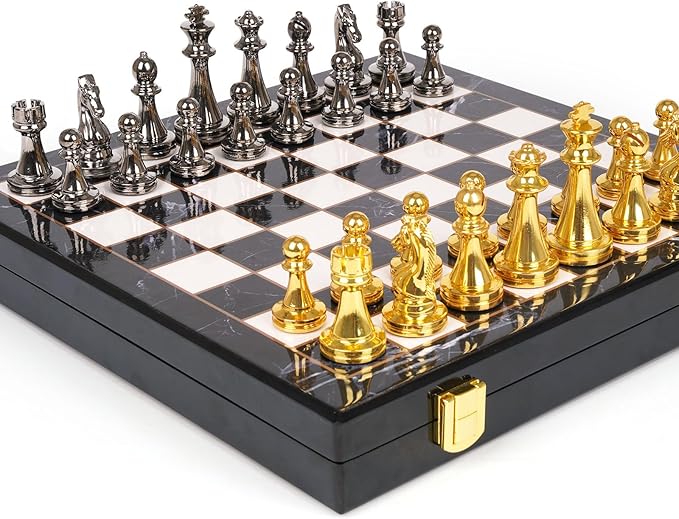 Metal Chess Set for Adults and – Marbling Chess Board with Chess Pieces – Travel Chess Sets with Extra Queens with zinc Alloy Metal Pieces – Ideal for Beginners and Professional Players
