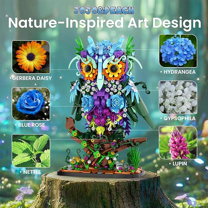 JOJO&ampPeach Floral Owl Toy Building Sets for Girls MOC Flower &amp Animal Collectible Home Decor and Office Art Christmas Birthday Gifts Toys for Women Adults and Teens Age 8 10 12 14+ (1193 Pie