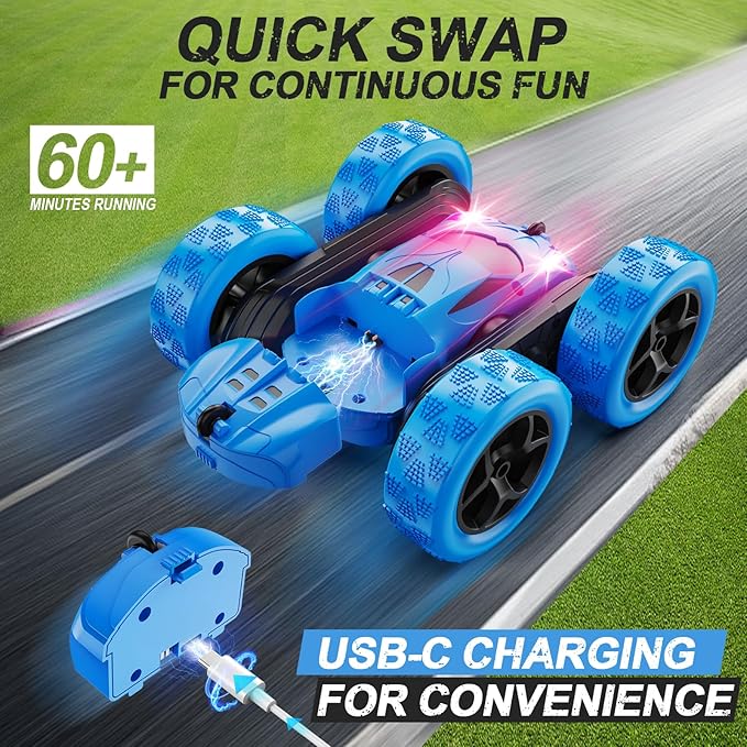 Remote Control Car RC Cars Toys for Kids Ages 6-12 4WD Stunt Car with LED Lights &amp 360° Flips 2.4GHz Upgraded USB-C Modular Batteries 8-10 Year Old Boys Birthday Gift 1-Blue