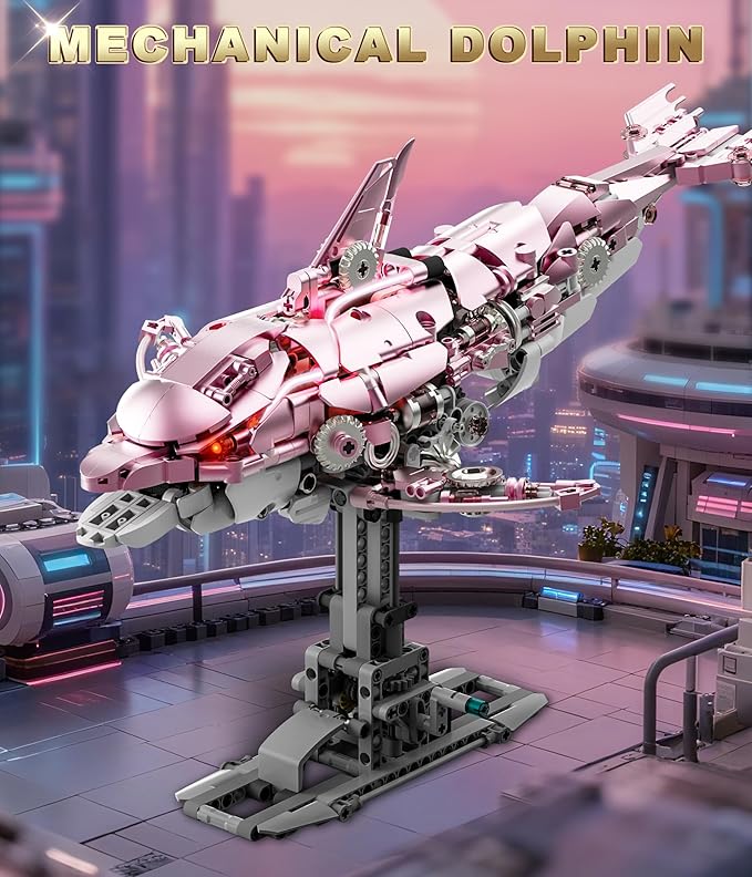 Mechanical Dolphin Building Kit Hand Crank Building Toys with Moving Jaw Swimming Tail &amp Glowing Light Effects STEM Educational Toy &amp Unique Desk Decor for Ages 8+ &amp Adults Pink