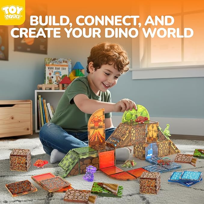 TOY Life 79PCS Magnetic Tiles Dinosaur Toys Set Magnet Building Blocks Lava Dino World for Kids Ages 3-5 Jungle Animals Construction Toys for Toddlers 4-8 STEM Educational Gift for Boys &amp Girls