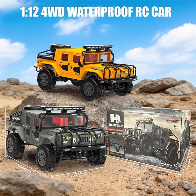 1:12 RC Car Toy 4WD 2.4GHz Remote Control Off-Road Crawler Vehicle IPX4 Waterproof 13MPH Full Metal Chassis with LED Lights Rechargeable Batteries for Adults Kids 8+ (Black)