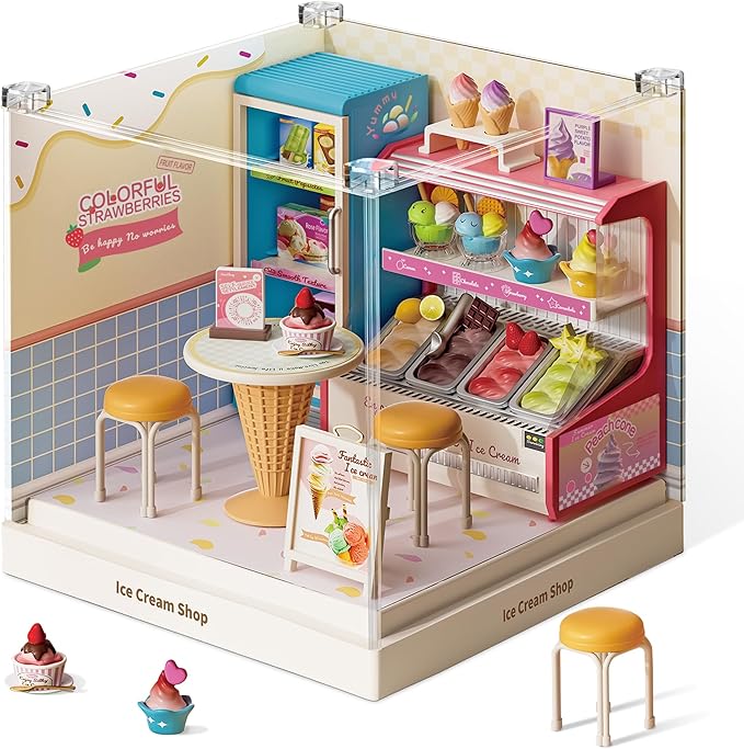 Miniature Ice Cream Shop Model Kit Small-Scale DIY Building Set with Tiny Furniture Highly Detailed Collectible for Adults &amp Craft Lovers Super Mini Series