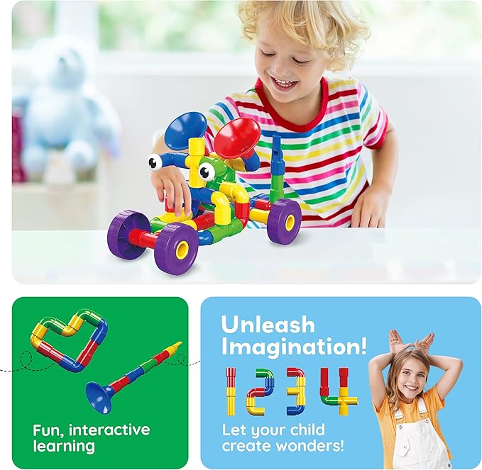 PicassoTiles PTT136 136pcs Tubular Pipes &amp Spout STEAM Interlocking Educational Building Block Set Tube Locks Pipeworks Construction Blocks w/Storage Container Box Idea Book Flute Musical Kit