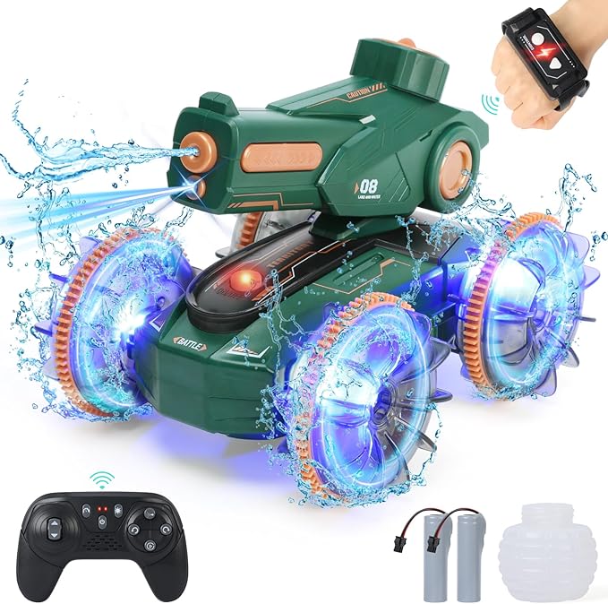 Toys for Kids 6-12 Remote Control Car Boat Gifts for Boys 5-7 8 9 10 11 Year Old Amphibious RC Boats Water Squirt Gun with Light &amp Self-Dispensing Pool Outdoor Beach Toy for Kids