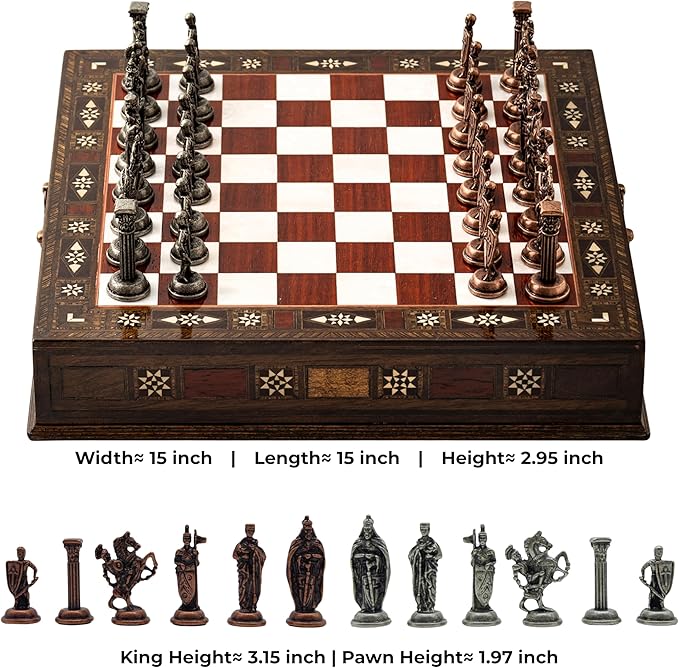 Luxury Wooden Chess Set with Metal British Army Pieces – Handmade Walnut Chess Board with Storage – Decorative Gift for Adults &amp Father Gift (Rose)