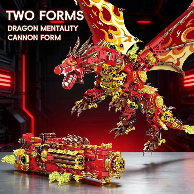 Armored Flaming Dragon Building Blocks Set Mechanical Style Red Dragon Model with Flame Details 3D Construction ToyIdeal Gift for Adults &amp Teens.