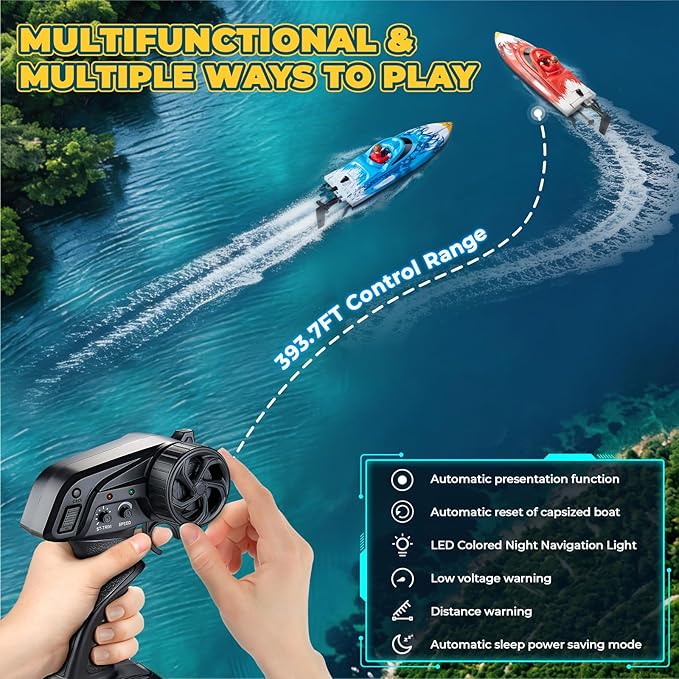25KMH RC Remote Control Boat with LED Lights Self-Righting Low Battery Alert 2.4GHz with 800 mAh Lithium battery Waterproof Electric Fast Speed Boat for Pool &amp Lake Toy for Boys Girls Blue