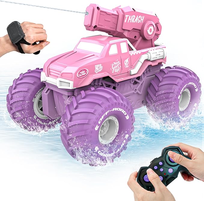 BEZGAR Amphibious Remote Control Car for Girls - Pink Monster Truck Toys 1:16 RC Boats 2.4GHz Waterproof Tank with Shooting Water Pistol 4WD All-terrian Off-Road Pickup Outdoor Girls Kids Gifts