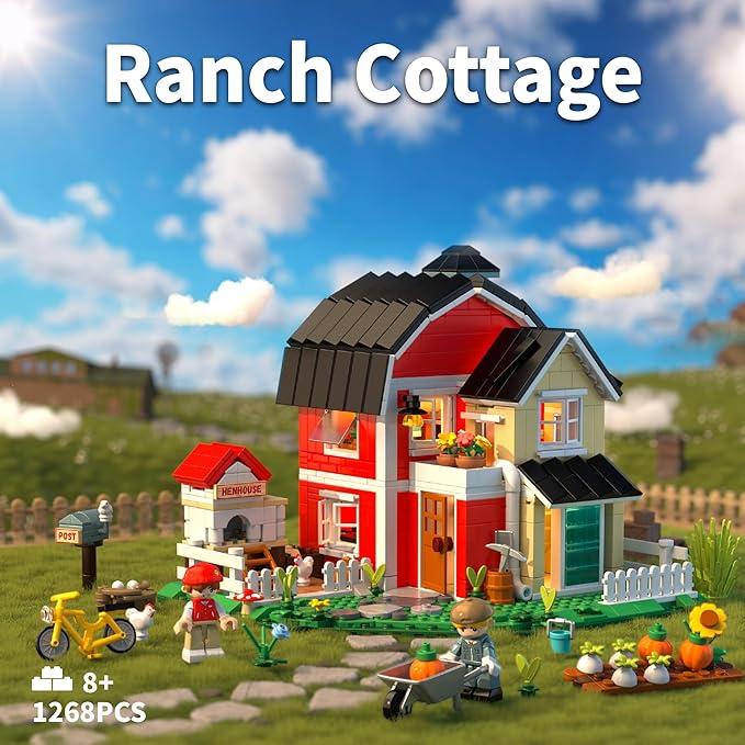 Country Farm House Building Set 1268PCS Toy Building Blocks Set Model Building Kits Rural Villa with Flowers Animals Home Office Decor Christmas Birthday Gift for Adults Teen Kids Ages 8+