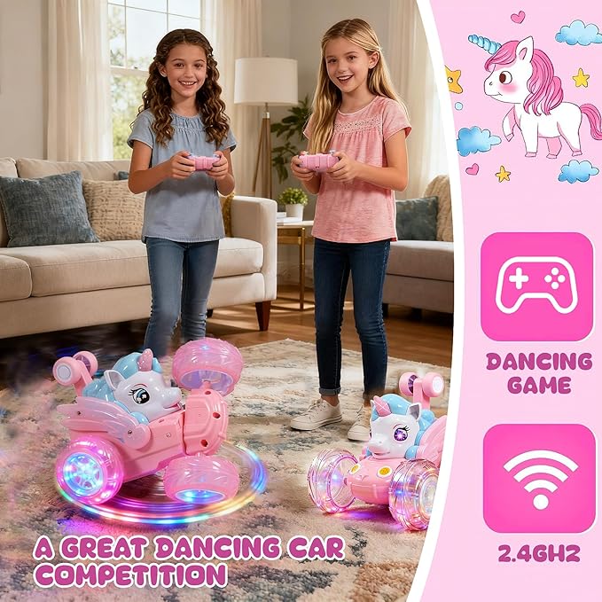 Unicorn Toys RC Car for Girls 4-6 Pink Cute Remote Control Toy for Beginner - Easy-to-Use 360°Flips Stunt &amp Cool Blinky Lights - 3 4 5 6 7 8-10 Year Old Girl Birthday Gift Idea Christmas Stuff