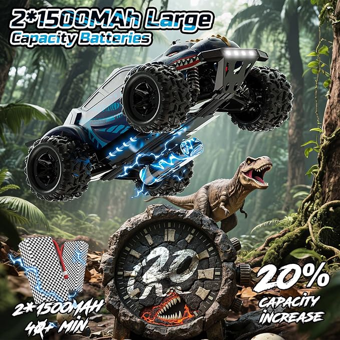 DEERC 9308E 1:16 Fast RC Cars for Boys Age 8-12 RC Monster Truck 40 KPHAll Terrain 4WD High Speed Dinosaur Truck 2 Car Shell2.4Ghz Off-Road Remote Control Cars with 2 Batteries Toy Gift for Kids