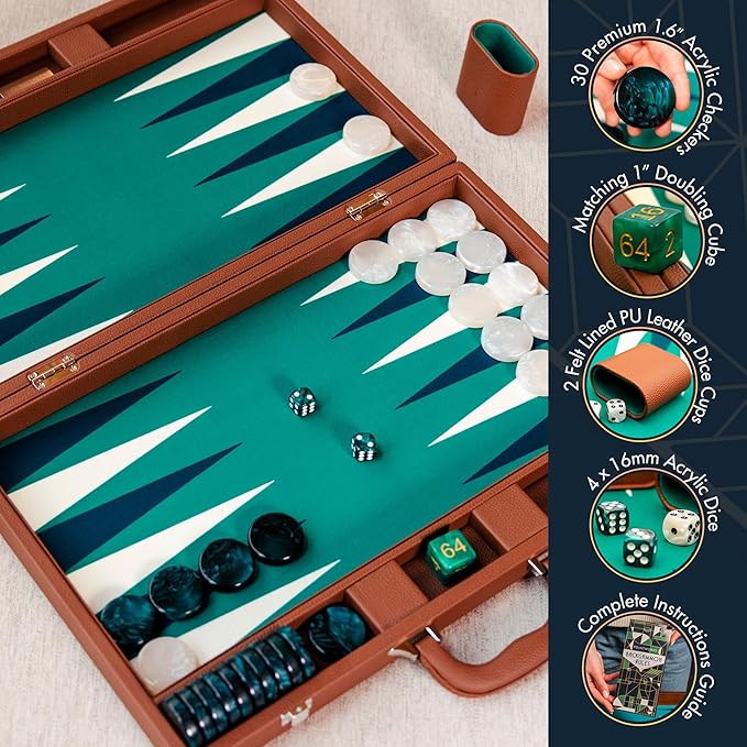 19 Inch Premium Backgammon Sets for Adults Leather Brown - Green. Premium 1.6 Inch Checkers &amp Dice Set Travel Backgammon Set Large Backgammon Board Game Backgammon Game Set