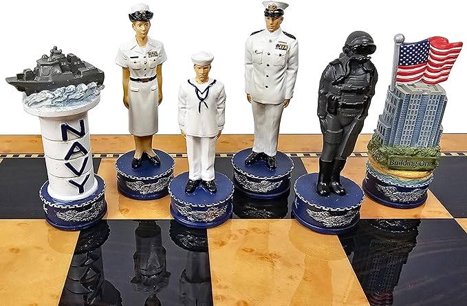 US Military Chess Set Army Navy Air Force or Marines. Choose 2 Branches of Men with 17 inch Walnut Color Storage Board (Army vs Navy)