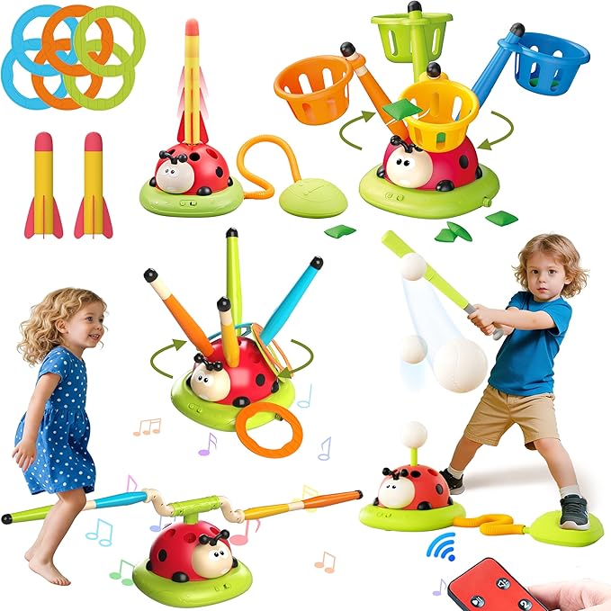 5 in 1 Musical Jump Bean Bag Toss Ring Game Baseball Toys and Stomping Launch Rocket Launcher for Kids Remote Control Indoor Outdoor Sports Toys for Kids Ages 4-8 3-5 Birthday Easter Gifts