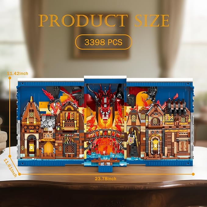 Reobrix Shire Booknook Building Set with Light H.obbit-Themed DIY Bookend Building Block Kit for Adults Medieval Dragon Book Nook 3398PCS Bookshelf Home Decor for Age 14+